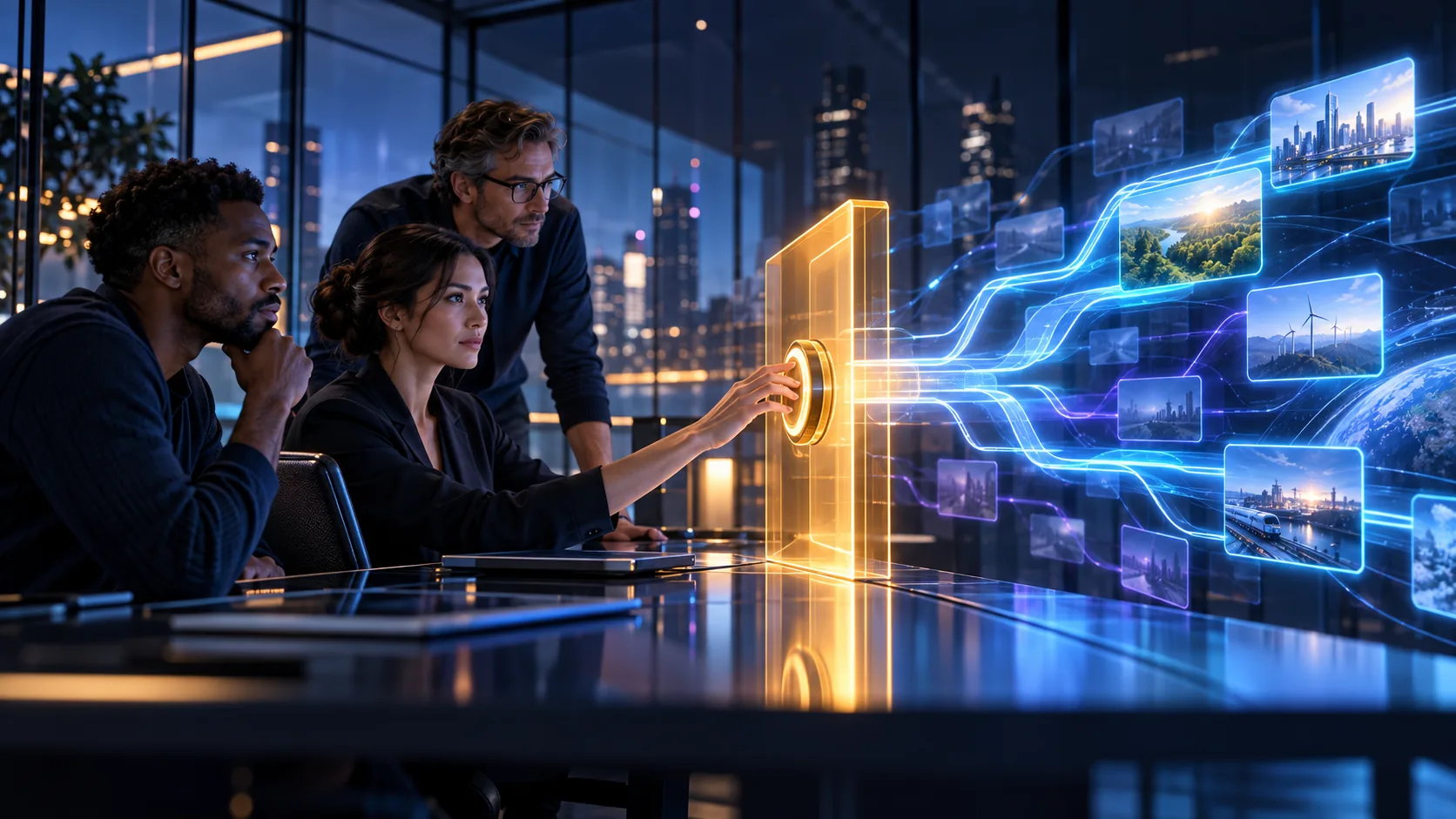 Conceptual image of AI authority drift: a team reviews AI proposals while a human controls the approval gate.