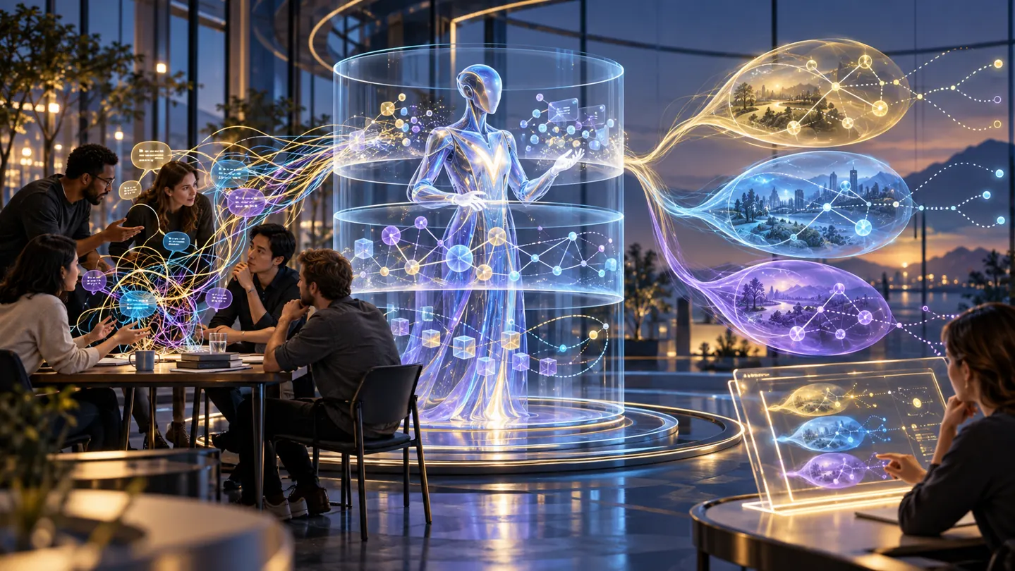 A diverse team examines tangled signals; a holographic M AI Persona separates interpretation layers and displays three tentative scenarios for human review.