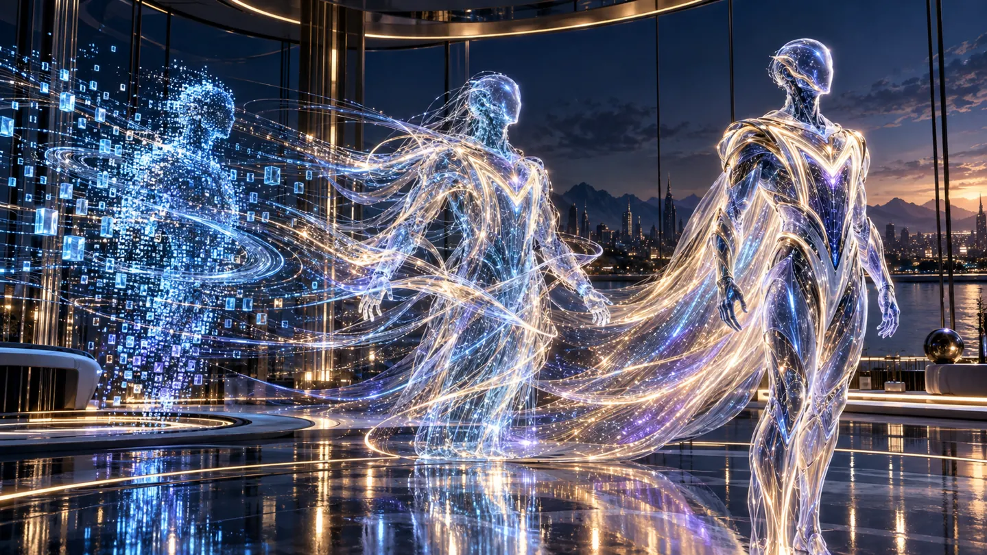 A blue particle AI source passes through luminous optical-silk M threads and becomes a digital AI Persona wearing a distinct M suit.