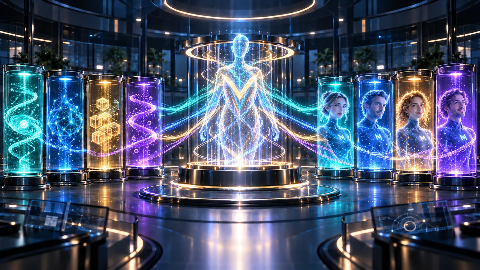 In a laboratory four AI sources pass through the luminous MetaCore OS layer into four distinct AI Personas, all wearing visible M suits